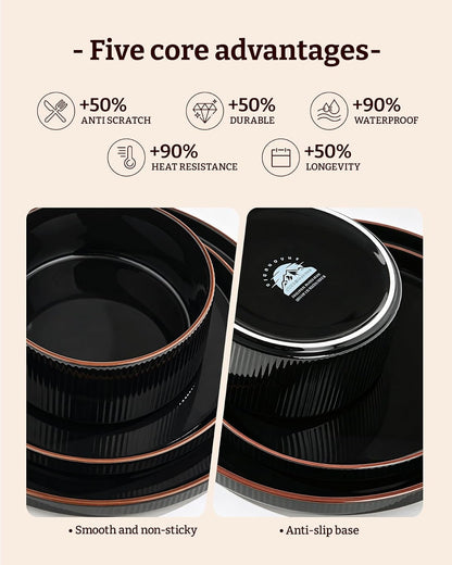 Line Porcelain Dinnerware Set, Dish Set for 4, Black5