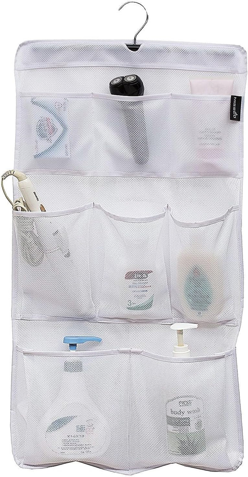 8-pockets-mesh-shower-organizer-hanging-caddy-with-rotating-hanger-quick-dry-bathroom-storage-white