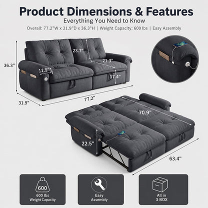 Queen Sleeper Sofa Bed, 77" Pull Out Couch2