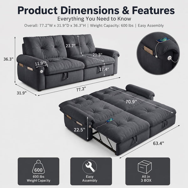 Queen Sleeper Sofa Bed, 77" Pull Out Couch2