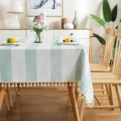 Stitching Tassel Tablecloth Striped Table Cloth Rectangle Cotton Linen Dust-Proof Table Cover for Kitchen Dinning 54 X 70 Inch Teal1