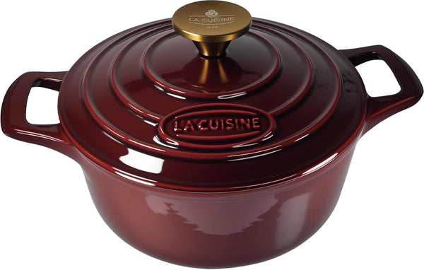 La Cuisine Enameled Cast Iron Dutch Oven Casserole Pot with Golden Handle for Lid, Internal Matte Black Enamel Coating 2.1QT 10.5" / 20Cm Ø, Oven-Safe 550°F/276°C Cranberry1