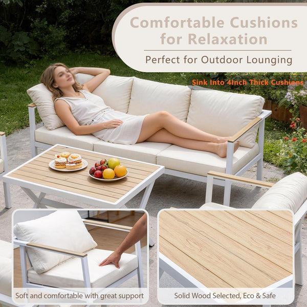 Aluminum Patio Sectional Furniture Set,4 Piece Patio Conversation Sets Outdoor Patio Furniture Set Sofa with Coffee Table & Washable Cushions White5