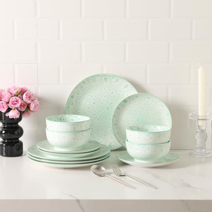 Sweejar 12 Pcs Speckled Glaze Ceramic Dinnerware Set for 4, Mint Green7