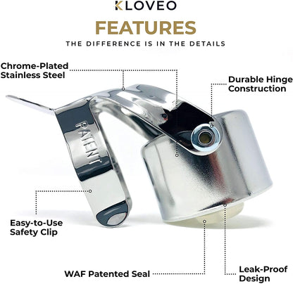 Champagne Stoppers - WAF Patented Seal - Made in Italy | Fits 750Ml Bottles, No Pressure Pump Needed, Keeps Bubbles Fresh 3-5 Days, BPA Free, Easy-Lock Stainless Steel Clip3