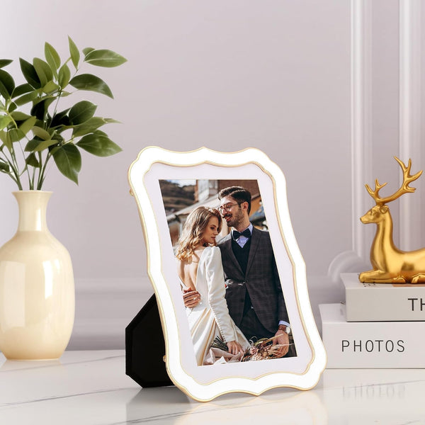High-End Zinc Alloy 5X7'' White Picture Frame - Classic Vintage Scalloped Design with Enamel Finish & 4X6'' Premium Acid-Free White Mat, Luxury Velvet Back for Weddings & Home Decor2