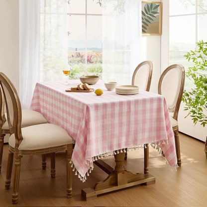 Pink Gingham Tablecloth Rectangle, Outdoor Linen Cotton Checkered Table Cloth with Tassel, Heavy Duty Wrinkle Free Buffalo Plaid Table Cover for Kitchen Dining Home Party - 55 X 84 Inch7