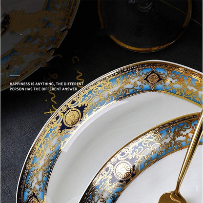 Dinnerware Sets - Luxury Gift Dishes Service Set, 80 Piece Bone China Tableware Set for 10 People, European Style Gold Pattern Dinnerware Set with Bowls and Plates, Oujinmm20243275