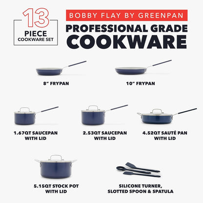 X Bobby Flay 13 Piece Nonstick Cookware Pots and Pans Set, Pfas-Free Diamond Ceramic, Induction Suitable, Easy Clean Dishwasher & Oven Safe, Stay-Cool Silicone Handles, Glass Lids, Navy Blue3