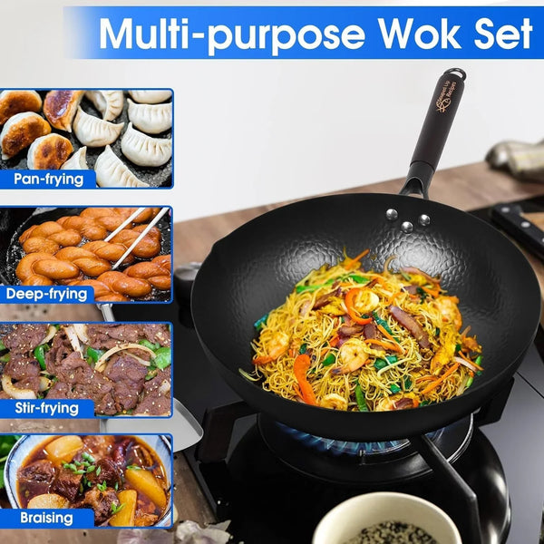 12.5 Inch Carbon Steel Wok for Electric, Induction and Gas Stoves (Lid, Spatula and User Guide Video Included)2