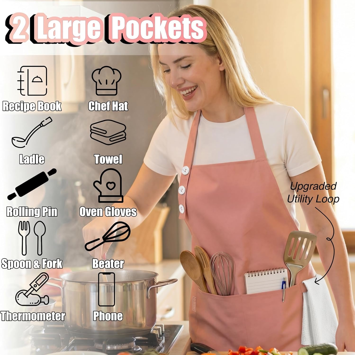 kitchen-apron-for-women-men-waterdrop-resistant-adjustable-button-premium-cotton-cooking-apron-with-2-pockets-gift-15-color-option-powder-pink