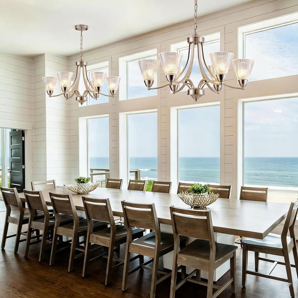 6-Light Brushed Nickel Dining Room Light Fixture，Dimmable Modern Farmhouse Chandelier，Height Adjustable Hanging Light, Clear Glass Shades, Vintage Silver Chandelier for Kitchen Island,Entryway2