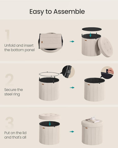 SONGMICS Mazie Collection - round Storage Ottoman, Folding Footrest Stool with Removable Lid, Easy Assembly, Velvet Vanity Stool for Bedroom, Living Room, Entryway, Cappuccino Beige ULSF608L015