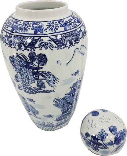 16" Blue and White Urn Style Ceramic Porcelain Ginger Jar Classic Temple Landscape Design Home Decor4