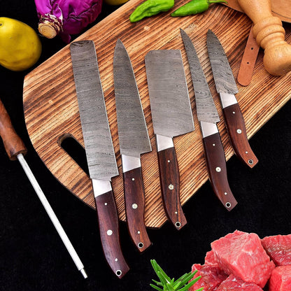 Hm-(Brown) Custom Made Damascus Steel #6 Pcs of Professional Utility Kitchen Knives Set Comes with Sweet Leather Roll Kit (3712)3
