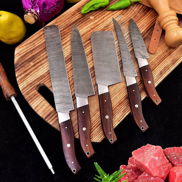 Hm-(Brown) Custom Made Damascus Steel #6 Pcs of Professional Utility Kitchen Knives Set Comes with Sweet Leather Roll Kit (3712)3