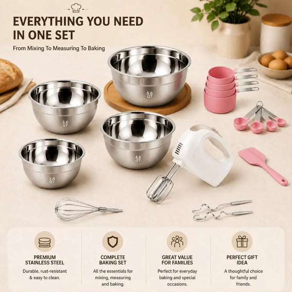 Electric Hand Mixer with 5 Stainless Steel Whisks,5 Speed,White | Portable Kitchen Mixer Electric Whisk with 4 Stainless Steel Mixing Bowls, Measuring Cups, Spoons & Silicone Spatula3