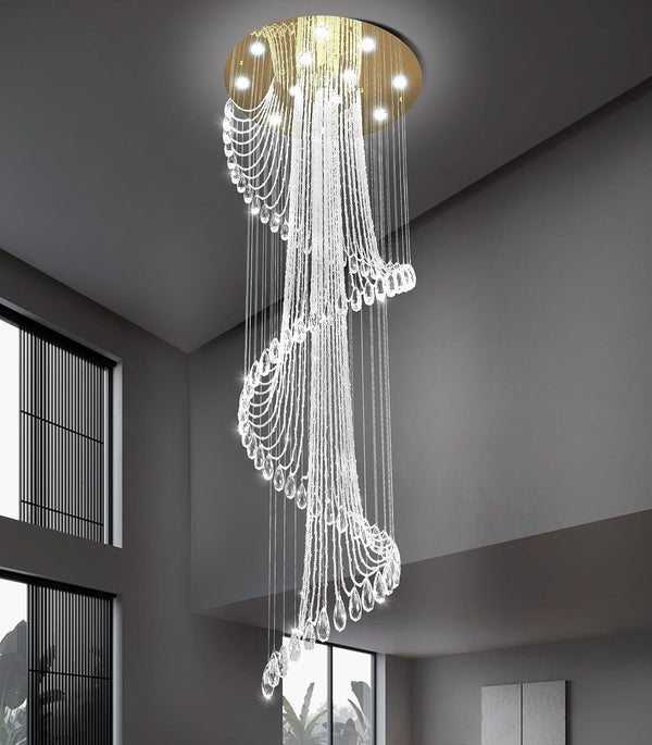 D32 X H100 Modern Crystal Chandelier for Foyer Glam Chandelier High Ceiling Chandeliers Large Raindrop Pendant Lights LED Dimmable Light Fixtures for Staircaes Living Room Entryway Gold8