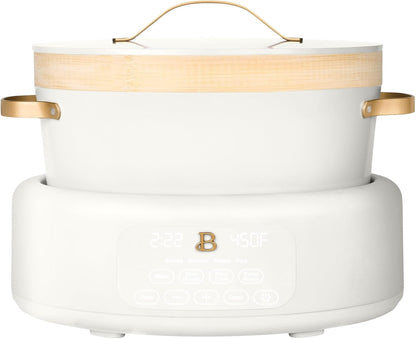 8 QT 10-In-1 Programmable Multi-Cooker with Bamboo Steamer, Electric Dutch Oven, Slow Cooker, Searing Pot & Rice Cooker, Non-Toxic Ceramic (White Icing)1