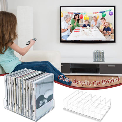 2 Pcs Clear Acrylic CD Holder, DVD/CD Display Rack & CD Storage Box & Vinyl Record Storage Stand Holds up to 14 Standard CD Cases for Media Shelf Storage and Organization6