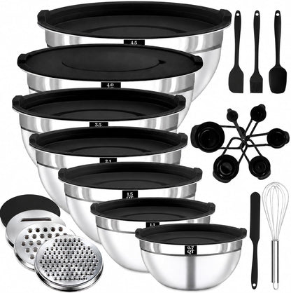 21PCS Mixing Bowls with Lids Set - 7 Nesting Mixing Bowls, 3 Graters, 11 Baking Tools, Lids, Stainless Steel Mixing Bowls for Mixing & Baking, Size 0.7/1.1/1.5/2.1/3.5/4/4.5 QT, Black1