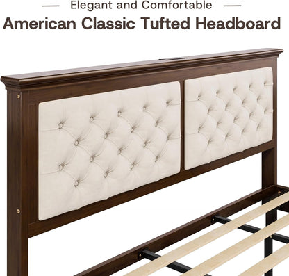 Solid Wood King Size Bed Frame 46” Tall Diamond-Tufted Upholstered Headboard, American Classic Flat-Top Bed, Stable Structure, Wood Slats Support, Noise-Free, No Box Spring Needed, Walnut3