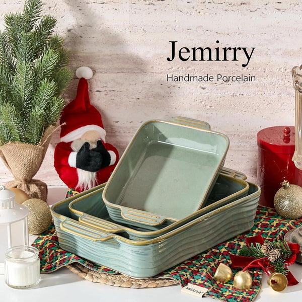 Ceramic Baking Dish Set of 3, Casserole Dishes for Oven, Square Porcelain Bakeware Set with Handles, Lasagna Baking Pan for Cooking, Perfect for Baking and Serving, Housewarming, Halloween, Thanksgiving, Christmas, New Year- Green7