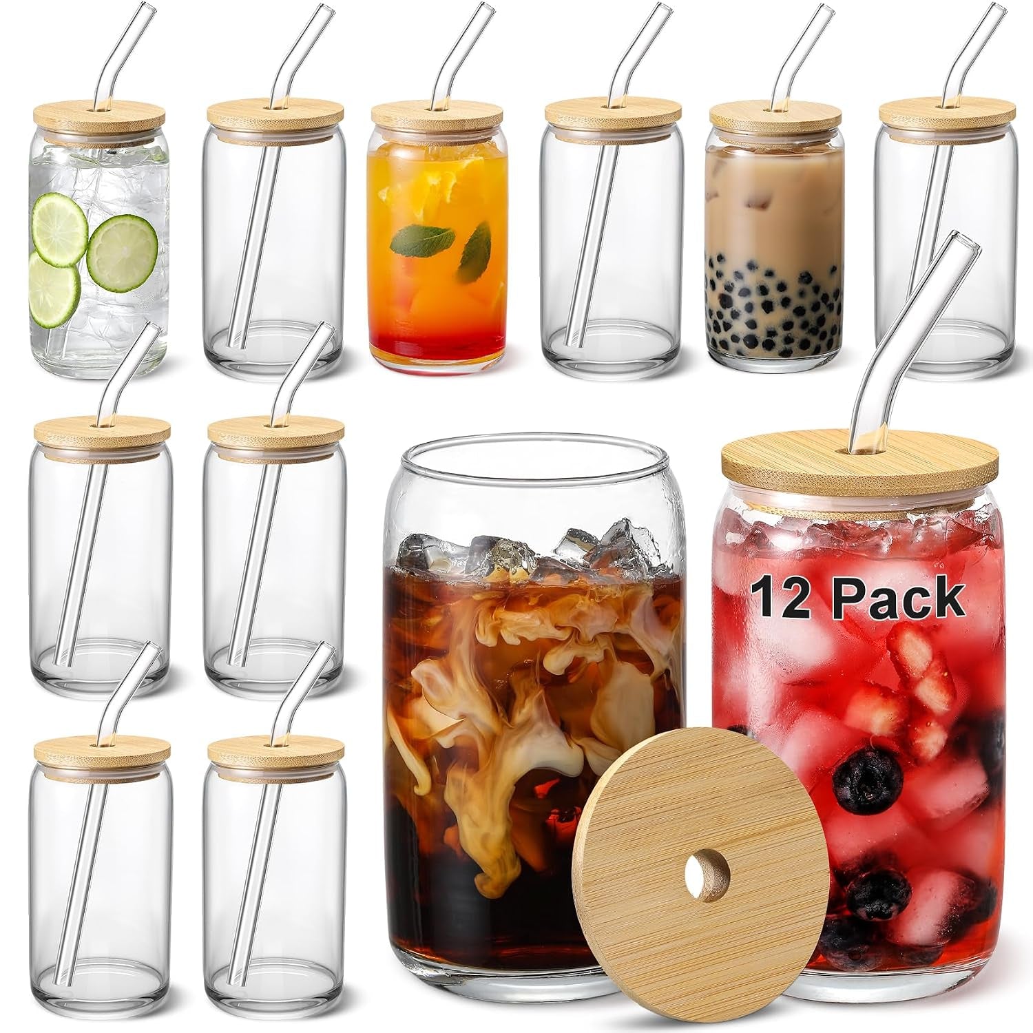 12pcs-set-glass-cups-with-bamboo-lids-and-glass-straw-beer-shaped-drinking-glasses-16-oz-iced-coffee-glasses-cute-tumbler-cup-for-smoothie-boba-tea-whiskey-water-4-cleaning-brushes