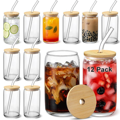 [ 12Pcs Set ] Glass Cups with Bamboo Lids and Glass Straw - Beer Shaped Drinking Glasses, 16 Oz Iced Coffee Glasses, Cute Tumbler Cup for Smoothie, Boba Tea, Whiskey, Water - 4 Cleaning Brushes1
