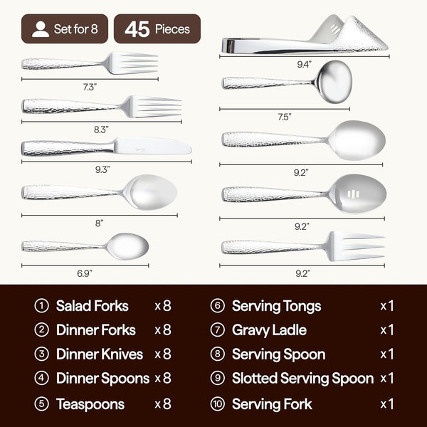 45-Piece Hammered 18/10 Forged Silverware Set and Serving Utensils4