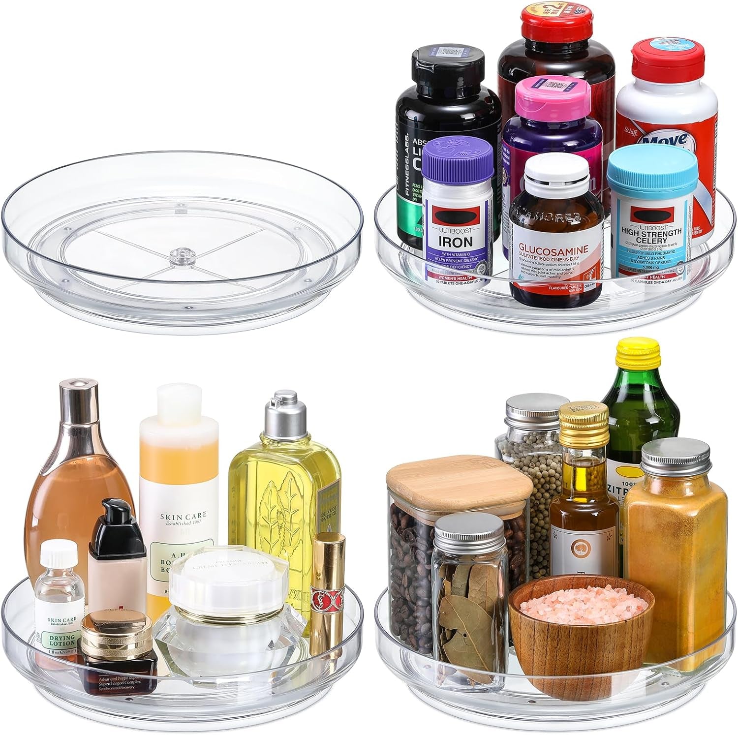 4-pack-9-inch-elegant-clear-turntable-acrylic-lazy-susan-non-skid-rotating-smoothly-kitchen-spice-rack-cabinet-pantry-organization-storage-refrigerator-vanity-makeup-bathroom-countertop-organizer