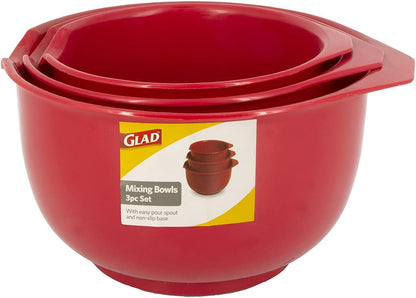 Mixing Bowls with Pour Spout, Set of 3 | Nesting Design Saves Space | Non-Slip, BPA Free, Dishwasher Safe Plastic | Kitchen Cooking and Baking Supplies, Red4