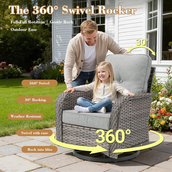 5 Pieces Patio Furniture Set, All Weather Rattan Patio Conversation Sets with Swivel Rocking Chairs, Coffee Table, High Back Outdoor Furniture Loveseat for Porch, Backyard,Dark Grey3
