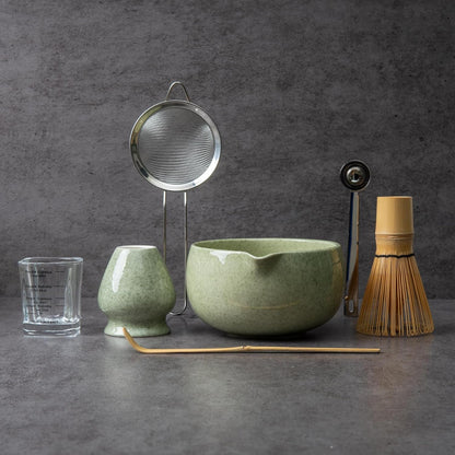 Matcha Whisk Set with Bowl, Ceramic Matcha Making Kit Includes Bamboo Whisk (Chasen), Holder Stand, Powder Starter Sifter, Scoop, Measuring Spoon & Cup Tea Tools for Ceremony (Mottled Green)1