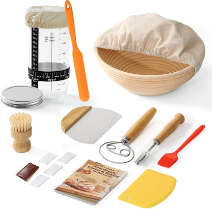 Complete Bread Proofing Basket Kit | All-In-One Set with Banneton(9 In), Sourdough Starter Jar Kit, Bread Lame, Dough Scraper, Whisk, Cutter & Tools1