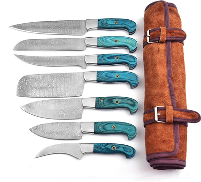 101-7 Stainless Steel Damascus Kitchen Knife Set Hand Forged Butcher Chef Knife Set with Roll Bag Sharp Meat Cleaver Bone Chopper Fillet Knives for Home Camping BBQ Gift for Men 101-7 (7)1