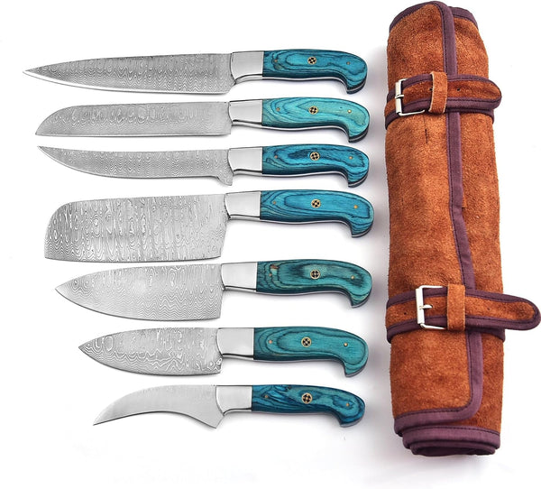 101-7 Stainless Steel Damascus Kitchen Knife Set Hand Forged Butcher Chef Knife Set with Roll Bag Sharp Meat Cleaver Bone Chopper Fillet Knives for Home Camping BBQ Gift for Men 101-7 (7)1