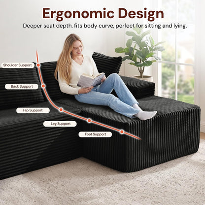 133" Oversized Modular Sectional Sofa, U-Shaped Boneless Couch with Double Chaise, Comfy Corduroy Cloud Couch Sectional, Deep Seat Sectional Couches for Living Room, No Assembly Required, Black5