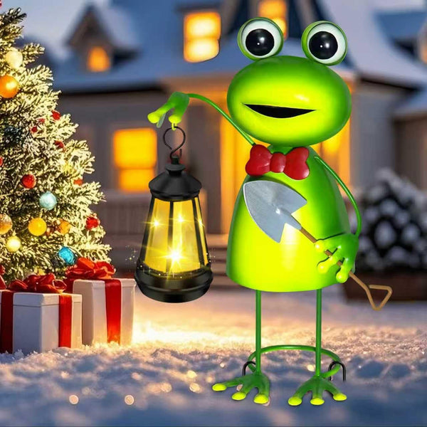 Solar Garden Lights 13.78In Tall Metal Frog Statue with Solar Lantern Decor2