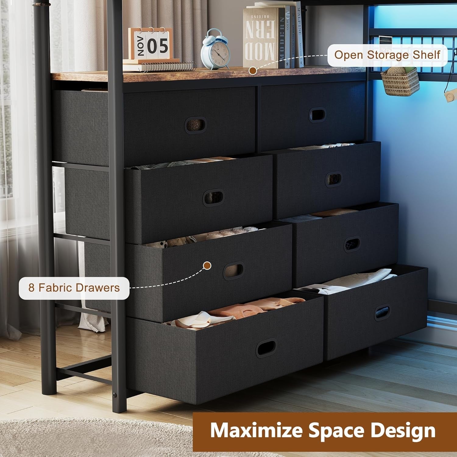 twin-loft-bed-with-desk-and-8-storage-drawers-metal-loft-bed-twin-size-with-led-lights-charging-station-bed-frame-with-hanging-rod-safety-guardrail-ladder-for-kids-teens-rustic-brown