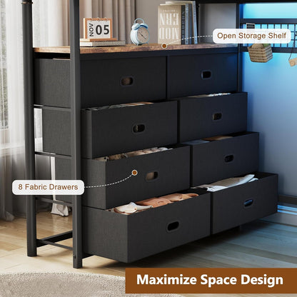 Twin Loft Bed with Desk and 8 Storage Drawers, Metal Loft Bed Twin Size with LED Lights & Charging Station, Bed Frame with Hanging Rod, Safety Guardrail & Ladder, for Kids & Teens (Rustic Brown)6