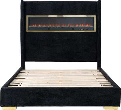 Calliope Modern Boucle Bed Frame with 3D Fireplace Headboard, Bluetooth Speaker and USB Slot, Upholstered Bedframe, No Box Spring Required for Home, Bedroom, Queen, Black6