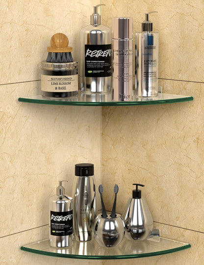 Glass Corner Shower Shelf 2 Pack, 9.5" Tempered Glass Shower Caddy, No-Drill Adhesive or Screw Mount, 22 LB Heavy Duty Bathroom Organizer with Rustproof Aluminum Brackets, Renter Friendly1