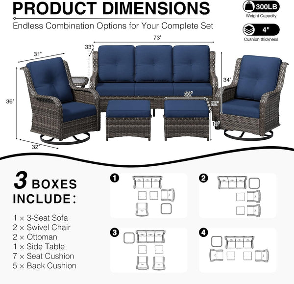 6 Piece Wicker Patio Furniture Set, Outdoor Swivel Rocker Patio Chairs with High Back, Deep Seating, Wide Armrest, Thickened Cushions, Outdoor Furniture for Deck, Porch Use2