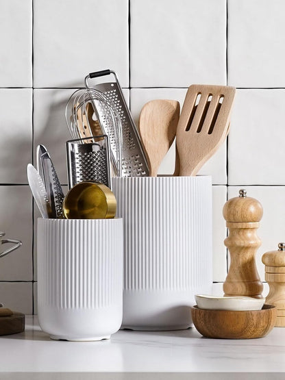 Utensil Holder for Kitchen Counter, 7.3"+5.4" Fluted Ceramic Utensil Crock Organizer for Countertop, Heavy Large Holder for Spatulas, Spoons, Set of 2, White, Kitchen Counter Decor3