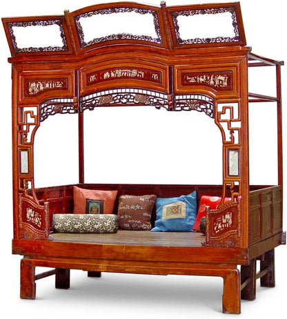 Antique Ci Xi Chinese Canopy Bed, Red with Carved Panels1