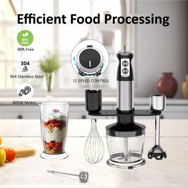 Immersion Blender Handheld, 5 in 1 Hand Mixer Electric Handheld for Kitchen, Corded Stick Hand Emulsion Blender with Chopper Beaker Whisk and Milk Frother for Baby Food, Smoothie, Puree, Soup, Sauces9