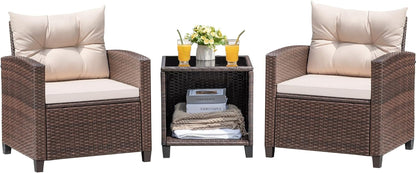 3 Pieces Patio Furniture Set Outdoor Wicker Chairs and Table, Beige1