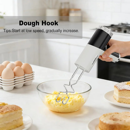 Electric Hand Mixer with 9 Speeds, Powerful Motor, Cordless Hand Mixer with Whisk, Dough Hook and Mixing Rod for Whipping Eggs, Cream, Butter, Jam, Kneading Dough and Blending (White+Black)5