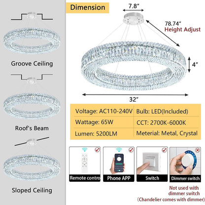 Modern Crystal Chandeliers for Living Room Dimmable LED Pendant Lighting for Dining Room Ring Handing Light Fixture for Bedroom Foyer Silver3